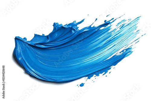 Blue paint stroke with smooth, flowing texture and subtle splashes on a white background, evoking a sense of motion and creativity