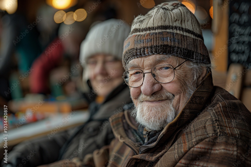 An elderly man with glasses and a warm smile sits comfortably in a rustic cafe, wearing a knitted hat. Friends are visible in the background, sharing laughter and good company An elderly man with glasses and a warm smile sits comfortably in a rustic cafe, wearing a knitted hat. Friends are visible in the background, sharing laughter and good company