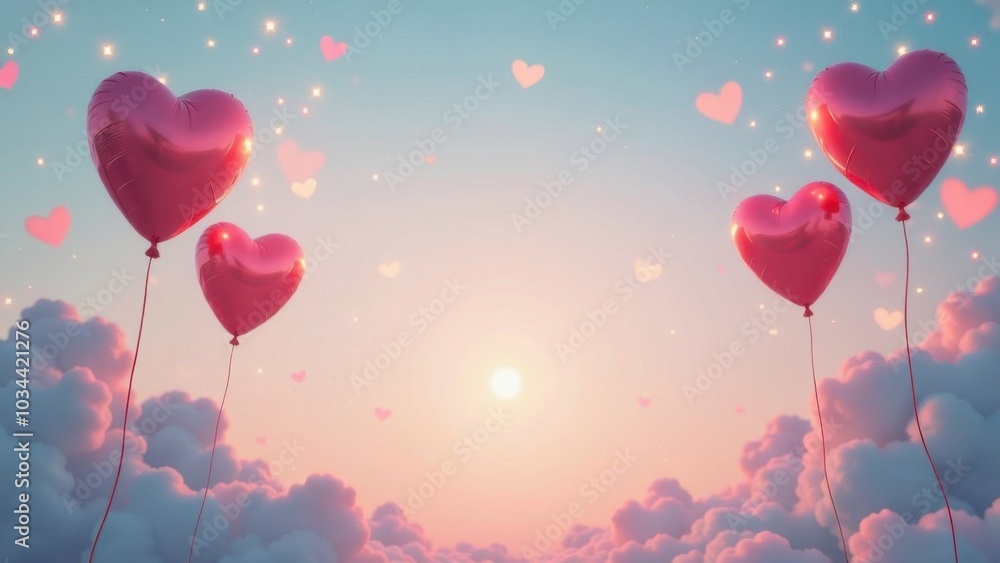 Colorful heart-shaped balloons floating in a serene sky at sunset, creating a romantic ambiance and whimsical atmosphere Colorful heart-shaped balloons floating in a serene sky at sunset, creating a romantic ambiance and whimsical atmosphere
