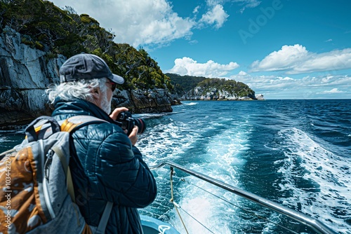 A person with gray hair is focused on photographing coastal scenery from a boat. The water trails behind, reflecting a clear blue sky and green cliffs in the distance, creating a serene atmosphere