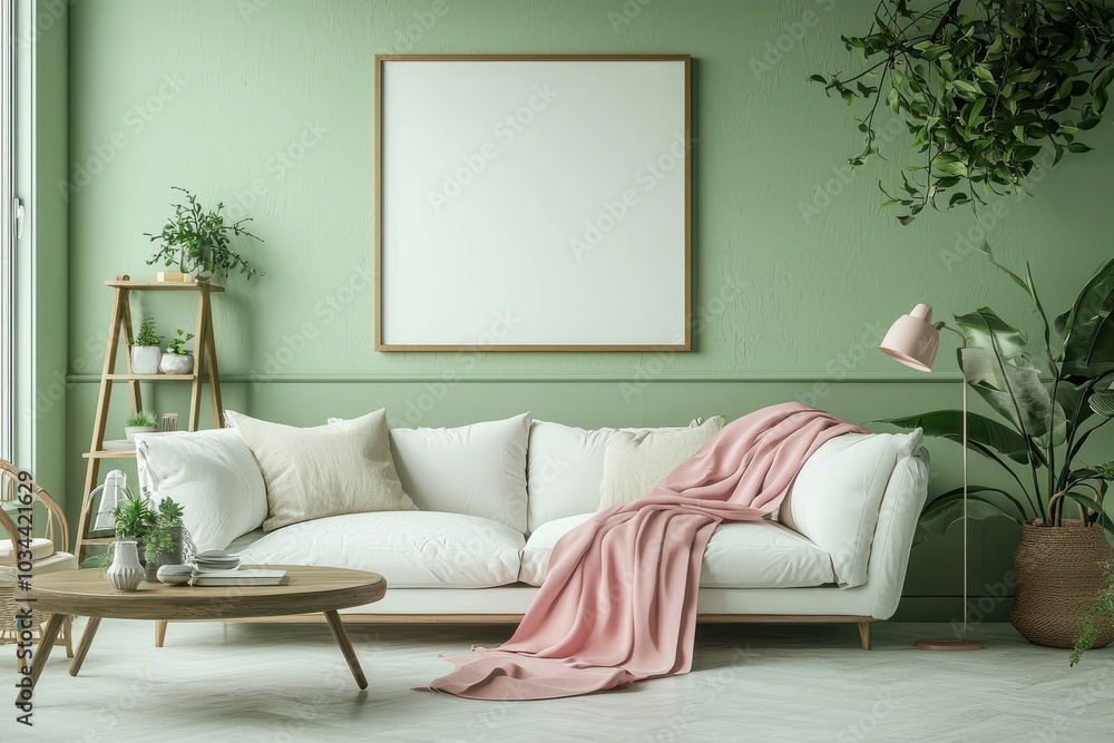 Minimalist living room with green walls featuring a comfortable white sofa, pink throw blanket, and lush indoor plants Minimalist living room with green walls featuring a comfortable white sofa, pink throw blanket, and lush indoor plants