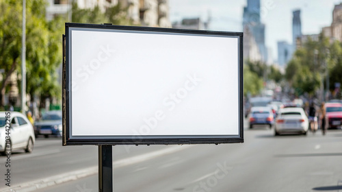 Empty billboard on a busy urban street during the day, cars and people blurred in the background, 