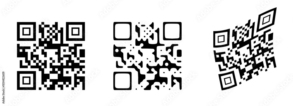 QR code scan vector set. Abstract barcode icons, isolated on white background. Encoded pattern for quick information sharing and digital communication. Matrix design, tech symbol QR code scan vector set. Abstract barcode icons, isolated on white background. Encoded pattern for quick information sharing and digital communication. Matrix design, tech symbol