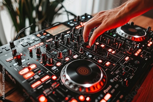 A Close-up View of a Hand Controlling a DJ Mixer with Red Lights