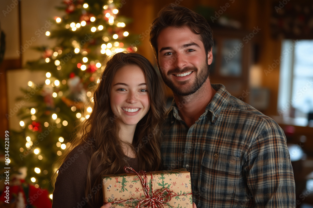 A joyful couple celebrating Christmas together in a cozy cabin with a beautifully decorated tree and a wrapped gift A joyful couple celebrating Christmas together in a cozy cabin with a beautifully decorated tree and a wrapped gift