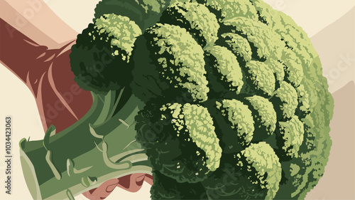 Hand holding a broccoli, focusing on its texture and vibrant green color.