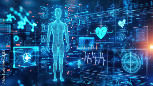 Conceptual wireframe of human body over blue background with medical icons. Futuristic virtual interface technology illustrating digital innovation in biology and healthy lifestyle concepts.