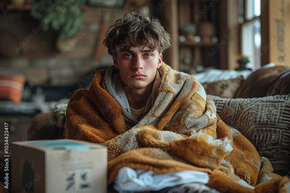 Fototapeta premium A young individual is sitting on a couch, wrapped in a warm blanket, looking pensively towards the camera in a homely living space during a cold afternoon.