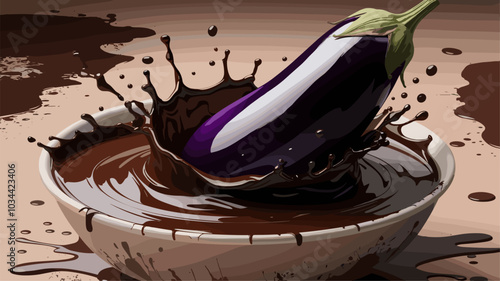 Eggplant splashing into rich chocolate, with high-detail droplets captured.