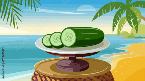 Fresh cucumber served on a plate with a relaxing seaside backdrop.