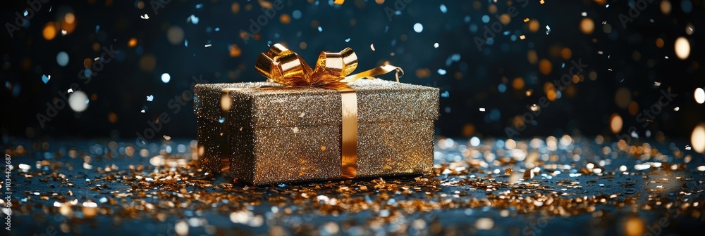 Luxury Gold Gift Box with Confetti. Festive Decoration for Holidays Luxury Gold Gift Box with Confetti. Festive Decoration for Holidays