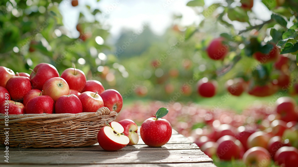 A rustic wooden table set among the apple trees, adorned with freshly picked apples and a basket, inviting viewers to partake in the seasonal harvest. A rustic wooden table set among the apple trees, adorned with freshly picked apples and a basket, inviting viewers to partake in the seasonal harvest.