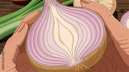 Hand holding an onion, focusing on its intricate layers and natural texture.