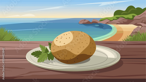 Fresh potato served on a plate with a relaxing seaside backdrop.