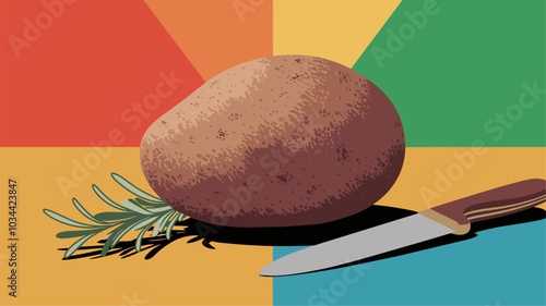 Single potato isolated on a bright, colorful background, emphasizing its texture.