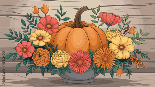 Pumpkin surrounded by luxurious, colorful flowers in a decorative autumnal arrangement.