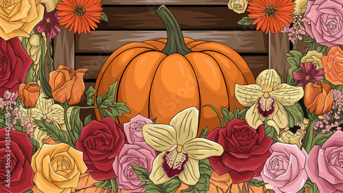 Pumpkin surrounded by luxurious, colorful flowers in a decorative autumnal arrangement.