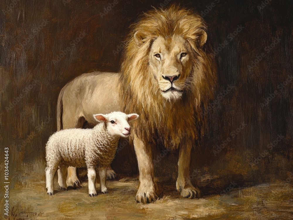 Naklejka premium Unity of Lion and Lamb: A Powerful Symbol of Balance in Spirituality