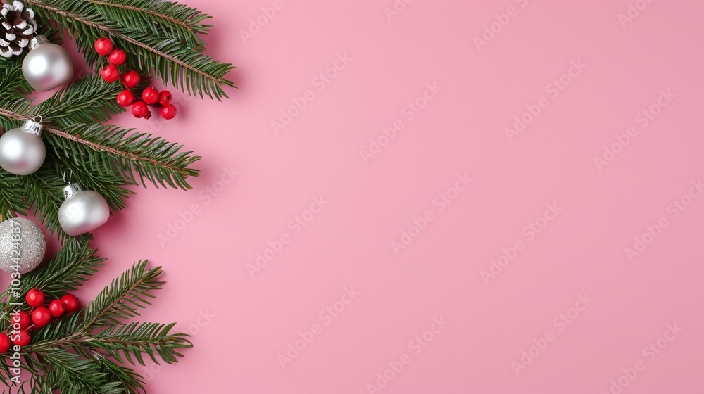 Pine Branches with Red Berries, White Ornaments on Pink Background, Minimalist Christmas Composition with Copy Space for Holiday Cards Pine Branches with Red Berries, White Ornaments on Pink Background, Minimalist Christmas Composition with Copy Space for Holiday Cards