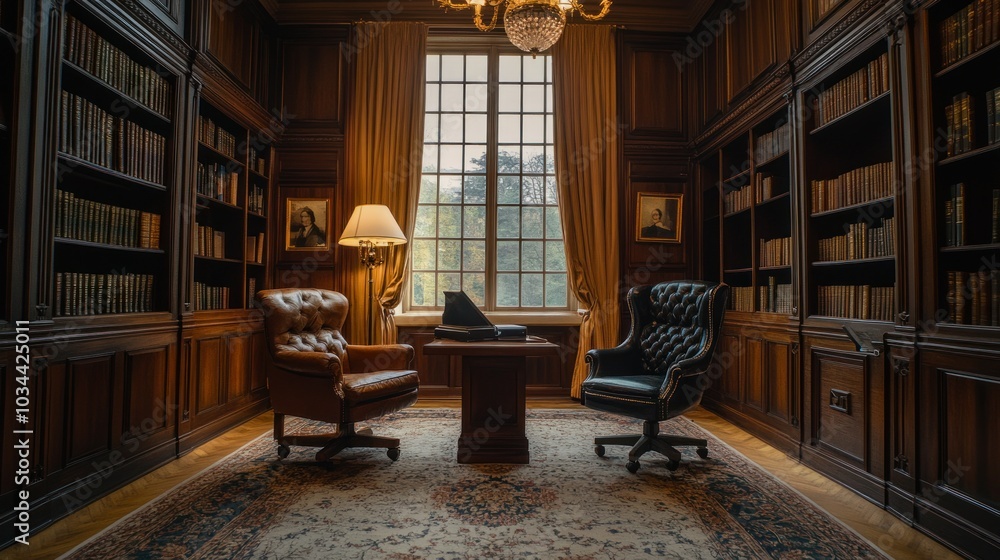 A Luxurious Wooden Desk in a Book-Filled Study A Luxurious Wooden Desk in a Book-Filled Study