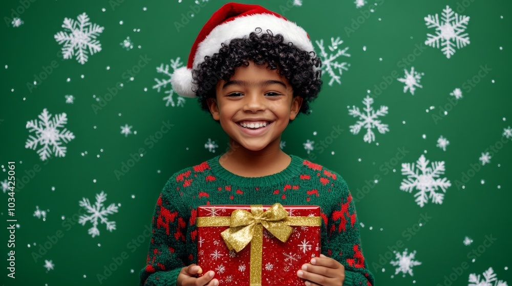A young boy wearing a Santa hat and a green and red sweater stands in front of a green background decorated with white snowflakes. He holds a wrapped red present with a gold bow in his hands. A young boy wearing a Santa hat and a green and red sweater stands in front of a green background decorated with white snowflakes. He holds a wrapped red present with a gold bow in his hands.