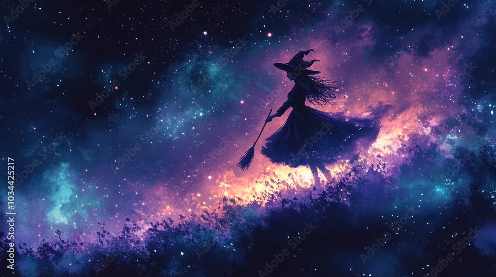 Naklejka premium Witch Flying Under the Stars