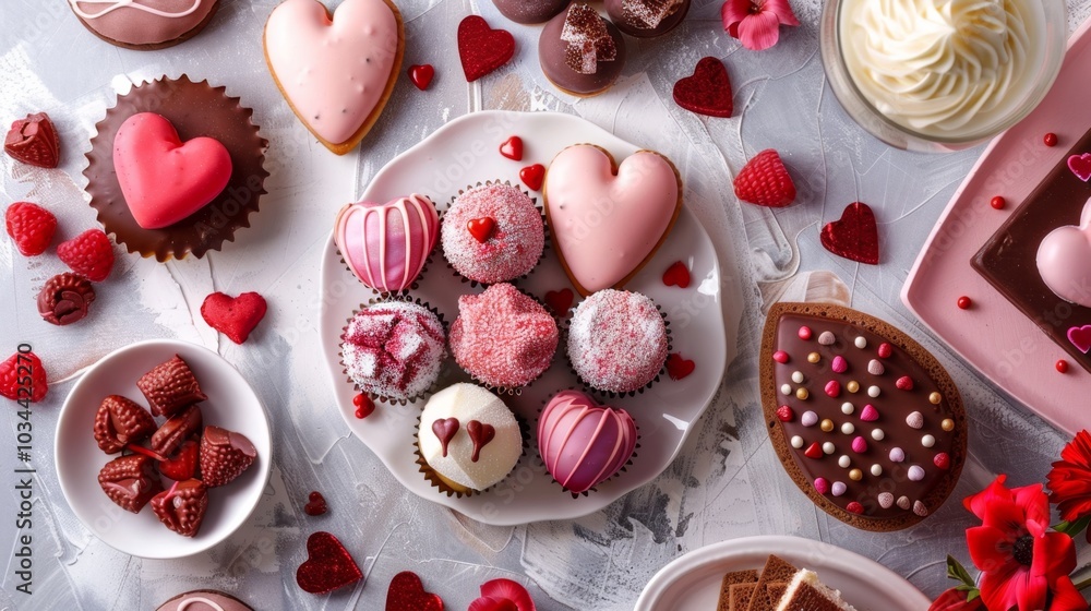 Valentine's day dessert arrangement with heart-shaped chocolates and cupcakes Valentine's day dessert arrangement with heart-shaped chocolates and cupcakes