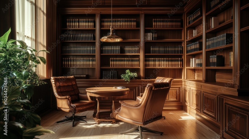 Two Leather Chairs Facing Each Other in a Room with Large Bookshelves Two Leather Chairs Facing Each Other in a Room with Large Bookshelves