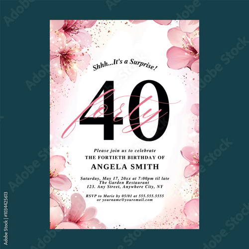 Floral Glitter 40th Birthday Invitation