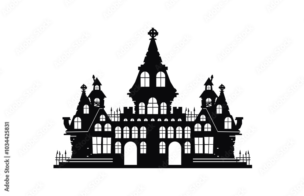 Naklejka premium silhouette of a creepy and abandoned ruined castle. Flat illustration of a royal building icon