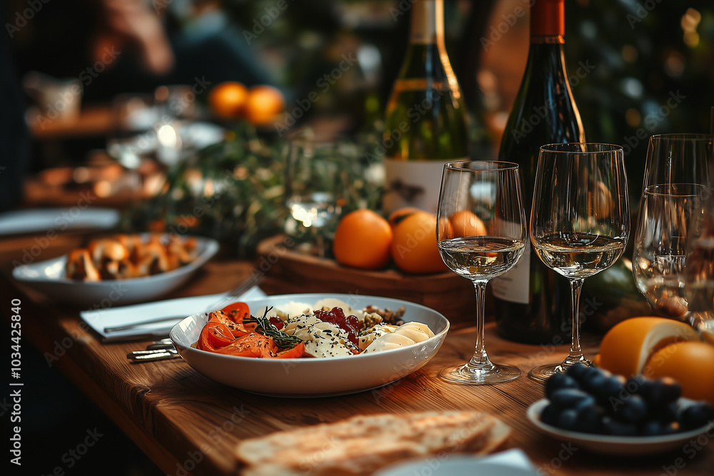 A festive dining table adorned with gourmet dishes, wine, and fresh fruits during a cozy evening gathering A festive dining table adorned with gourmet dishes, wine, and fresh fruits during a cozy evening gathering