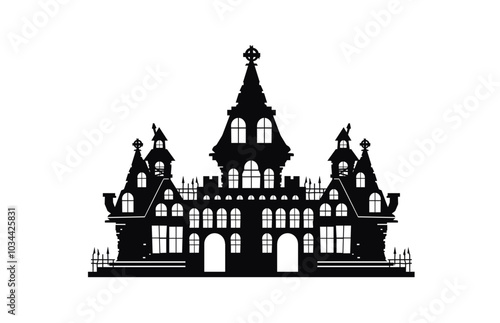 silhouette of a creepy and abandoned ruined castle. Flat illustration of a royal building icon