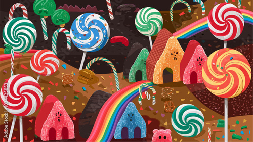 Whimsical illustration of a candy land with lollipops and gummy bear cottages.