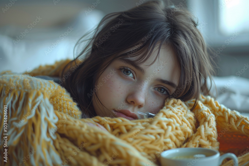 A young woman sits comfortably wrapped in a soft yellow blanket, gazing thoughtfully while holding a warm drink in a relaxed indoor setting during wintertime. A young woman sits comfortably wrapped in a soft yellow blanket, gazing thoughtfully while holding a warm drink in a relaxed indoor setting during wintertime.