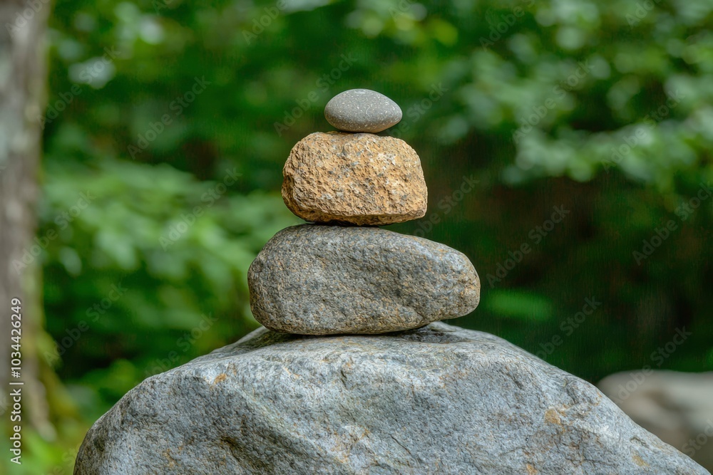 Stacked Stones on a Large Boulder in a Green Forest Stacked Stones on a Large Boulder in a Green Forest