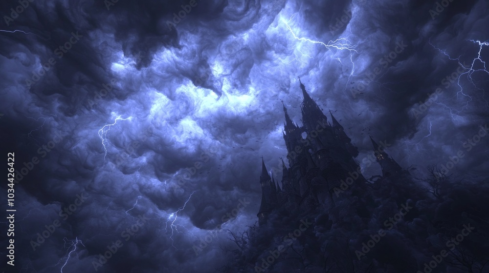 Fototapeta premium Dark Gothic Halloween 3D Render: Ominous Castle in Fairy-tale Landscape with Stormy Sky