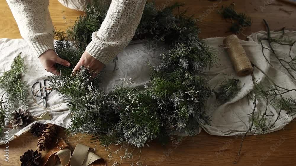 Making Christmas rustic wreath. Hands holding evergreen branches, making wreath on wooden table with pine cones,, twine, scissors in atmospheric festive room. Winter holiday preparations footage