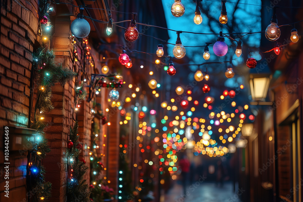 Vibrant string lights illuminate a charming alleyway during evening hours in a festive atmosphere Vibrant string lights illuminate a charming alleyway during evening hours in a festive atmosphere
