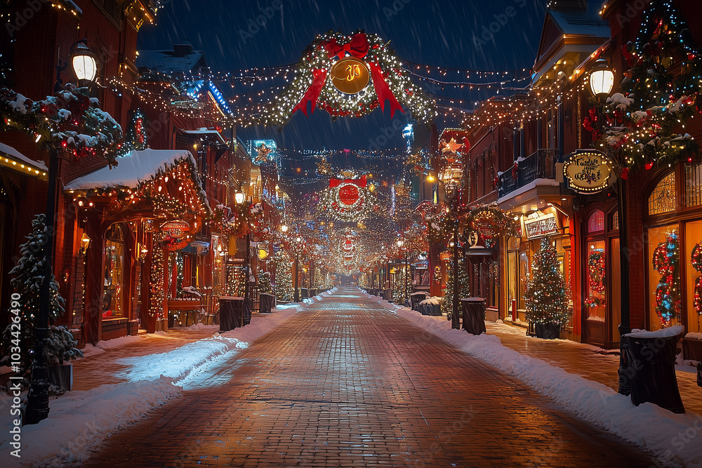 Winter evening in a charming village adorned with festive lights and decorations during the holiday season Winter evening in a charming village adorned with festive lights and decorations during the holiday season