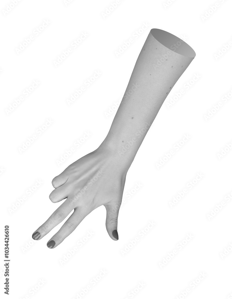 Fototapeta premium Hand gesture showing three fingers, dorsal view of arm and fingernails with manicure. Isolated on white background, body language and communication. Female hand reaching out,