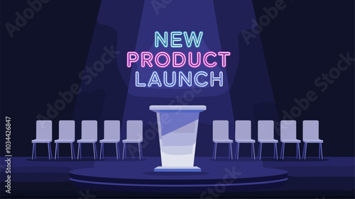 A minimalist white podium with neon lights showcasing a new product launch.
