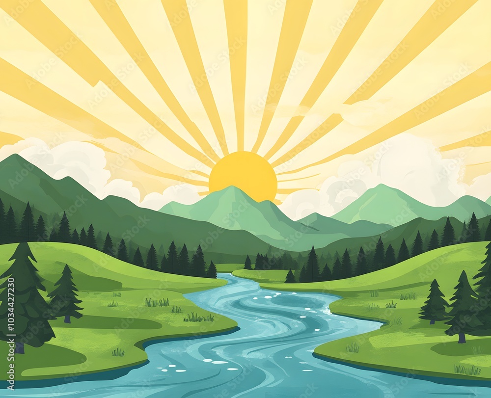 Sunlit Mountain Landscape with River and Forest Under Bright Yellow Sunrays in a Serene Setting Sunlit Mountain Landscape with River and Forest Under Bright Yellow Sunrays in a Serene Setting