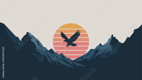 Minimalist silhouette of an eagle soaring above a mountain range, with the sun setting in the background.