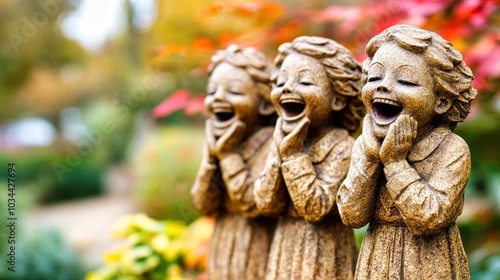 Three stone garden statues laughing together outdoors photo