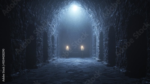 Haunting Gothic Crypt Interior with Flickering Candles - 3D Render Illustration