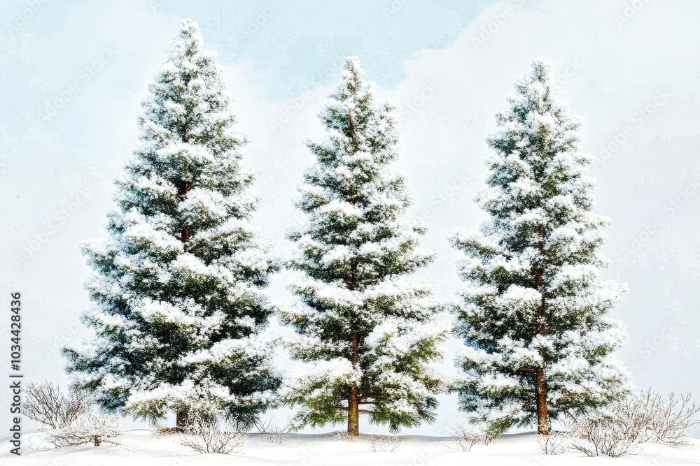 Three snow covered evergreen pine trees in winter landscape Three snow covered evergreen pine trees in winter landscape