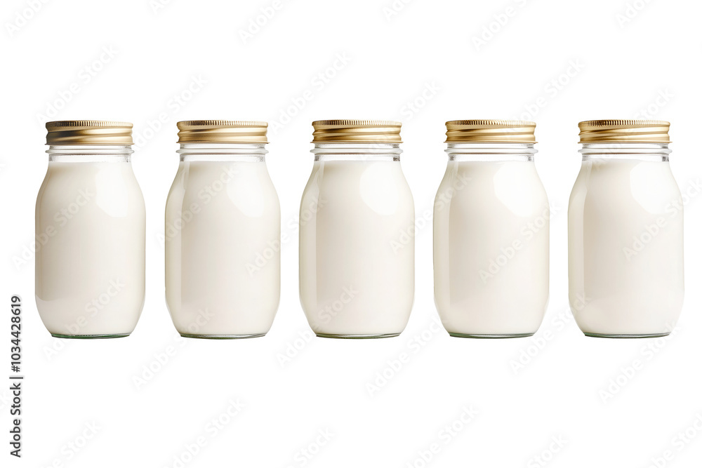 Jars filled with milk, wooden lids and twine ties, arranged in row isolated on white background. Concept of dairy products and natural packaging Jars filled with milk, wooden lids and twine ties, arranged in row isolated on white background. Concept of dairy products and natural packaging