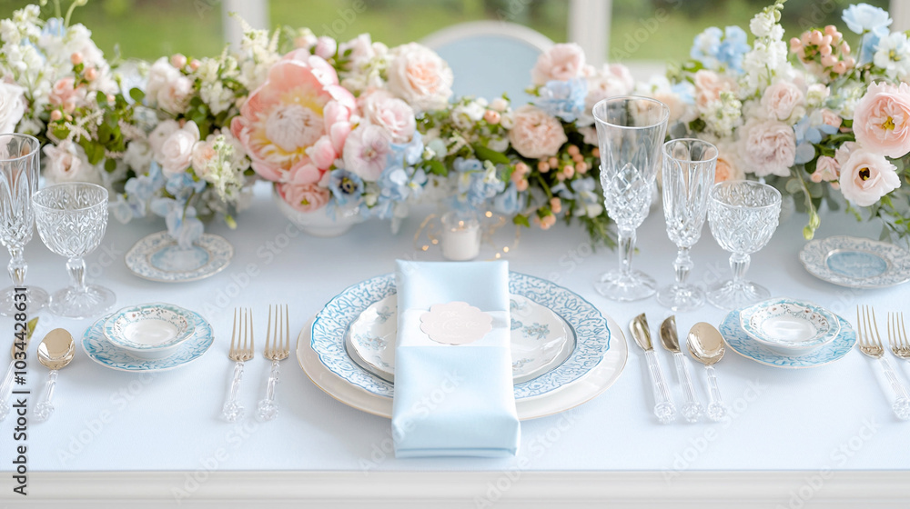 An exquisite table setting for a wedding reception featuring fine china, crystal glassware, and elegantly folded napkins, surrounded by beautiful floral centerpieces. An exquisite table setting for a wedding reception featuring fine china, crystal glassware, and elegantly folded napkins, surrounded by beautiful floral centerpieces.