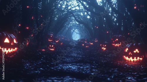 Enchanted Halloween Forest: Flickering Lanterns and Carved Pumpkins in Dark Gothic 3D Render