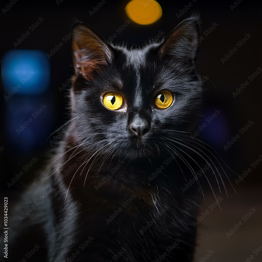 Mystical Black Cat with Piercing Yellow Eyes in a Captivating Portrait Mystical Black Cat with Piercing Yellow Eyes in a Captivating Portrait